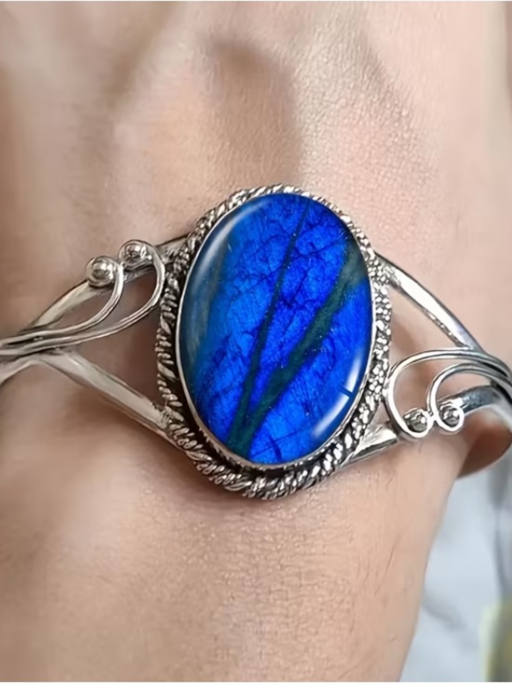 Silvertone Cuff Bracelet with Blue Glass Stone